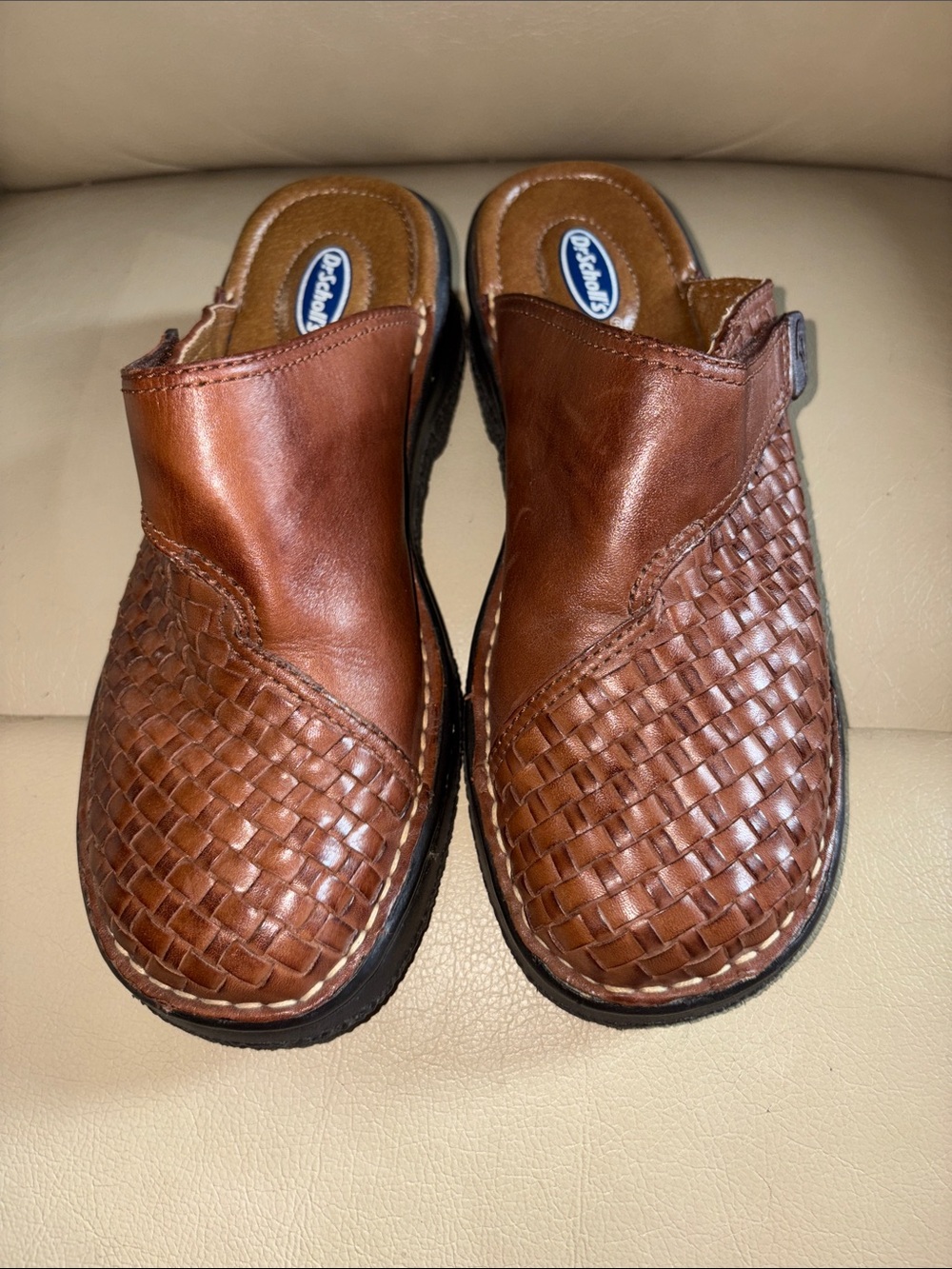Dr. Scholl's Women Brown Woven Leather Slip-On Clogs